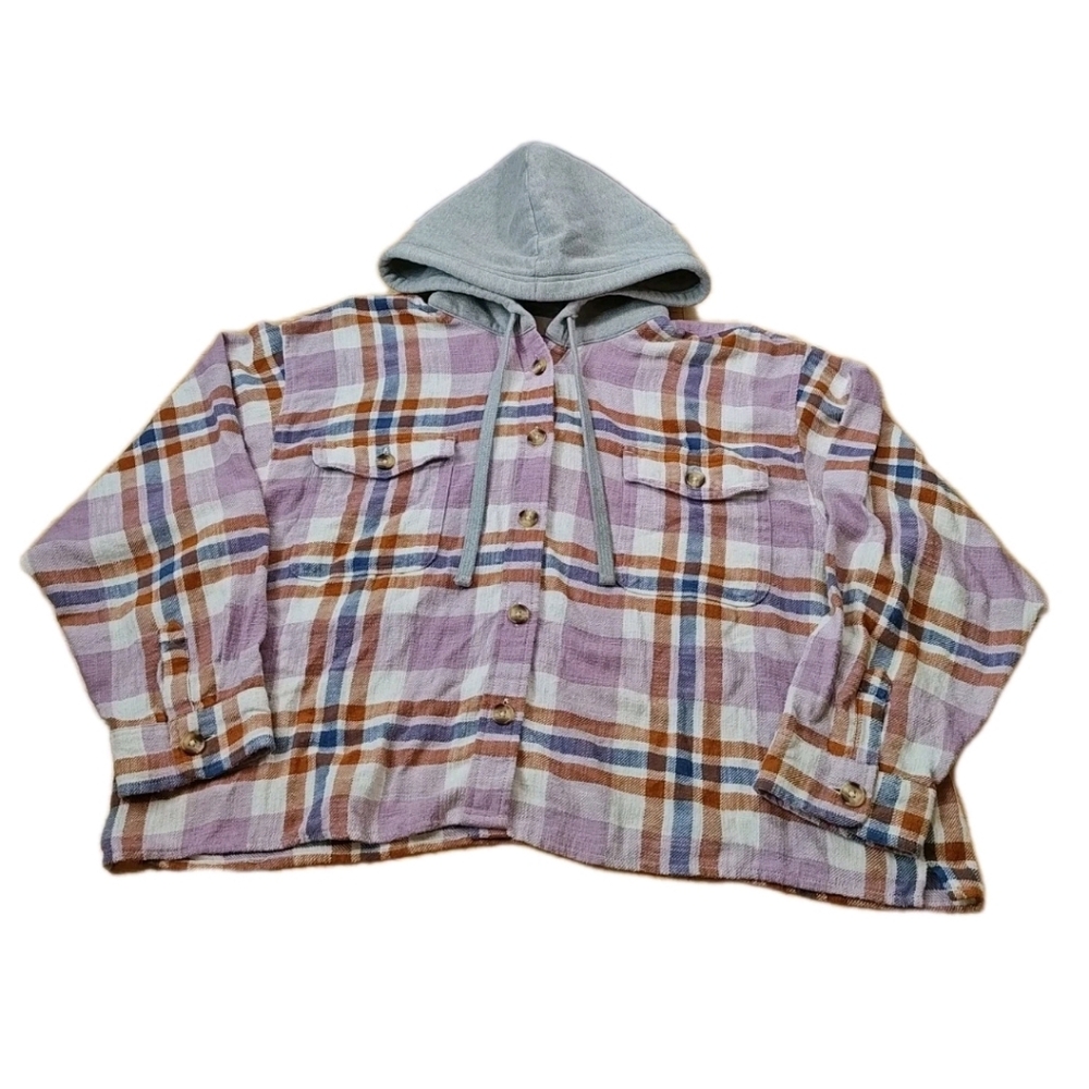 Lucky Brand Hooded Flannel Shacket Woman Sz XL Purple Plaid Cropped Shirt Jacket - Picture 7 of 12